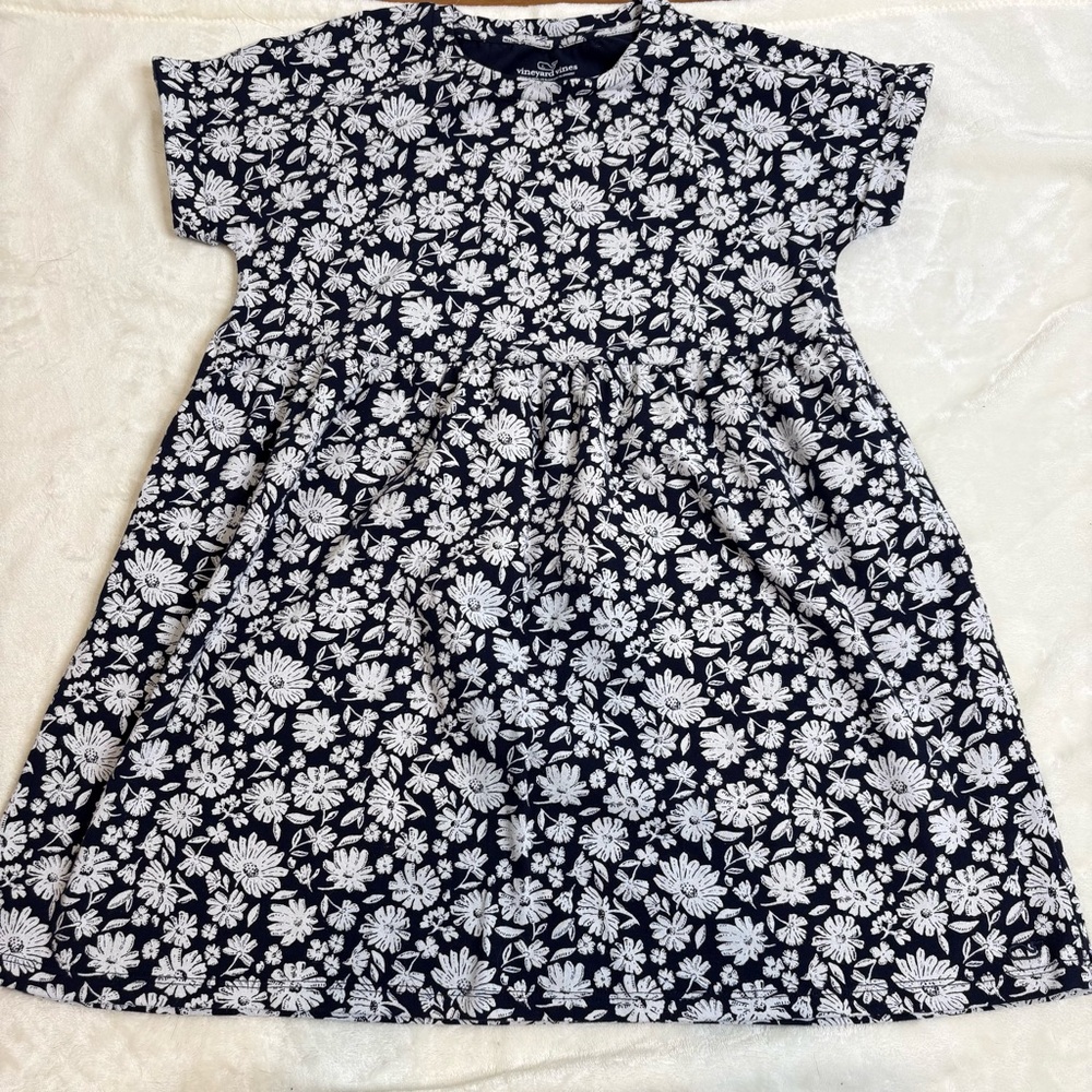 Vineyard Vines Girl’s Floral Pocket Dress Size Small 7-8 Blue & White Cotton